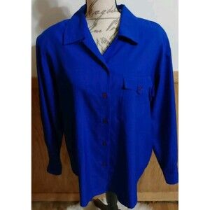 Fashion Attitudes Womens Blue Button Down Long Sleeve Shirt Blouse Sz 16W Silky